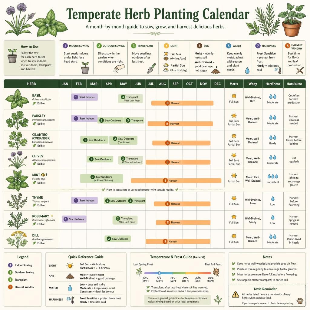 Botanical infographic plant care card showing a January to December temperate herb planting calendar with herb icons and care callouts.
