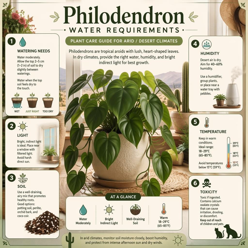 Plant care infographic showing a botanical philodendron with 6 labeled callouts for watering, light, soil, humidity, temperature, and toxicity.