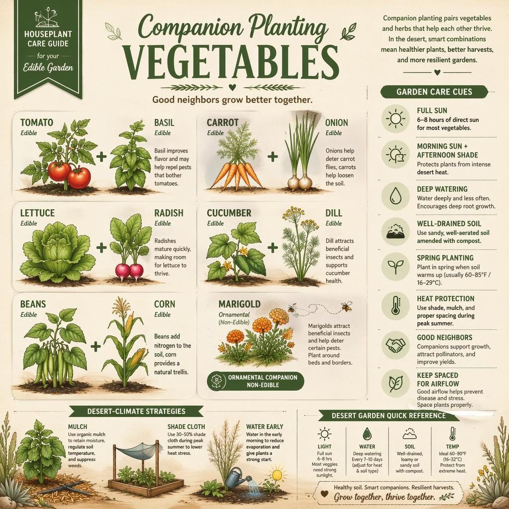 Botanical-style desert gardening infographic showing companion vegetables, herbs, marigold, care icons, and labeled pairings.