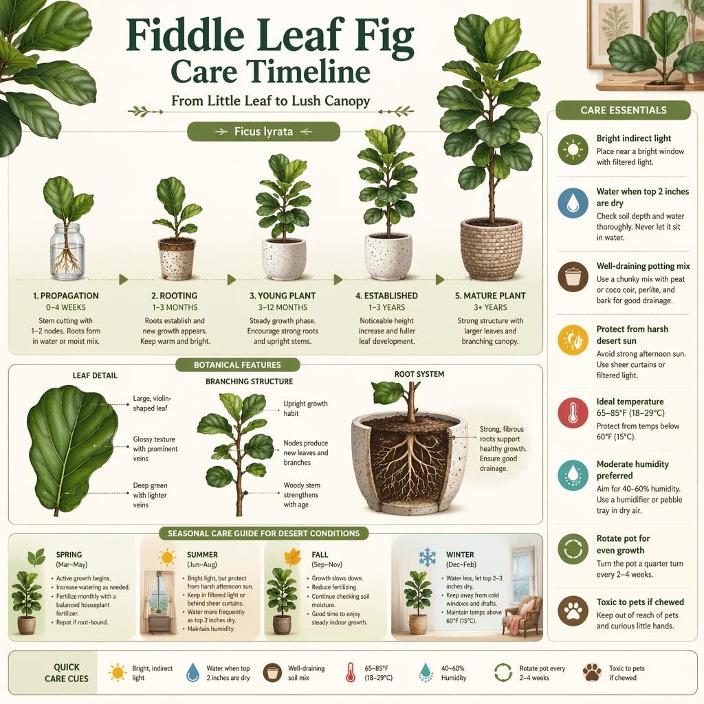 Botanical infographic showing a fiddle leaf fig care timeline in desert climate, from young potted plant to mature indoor tree.