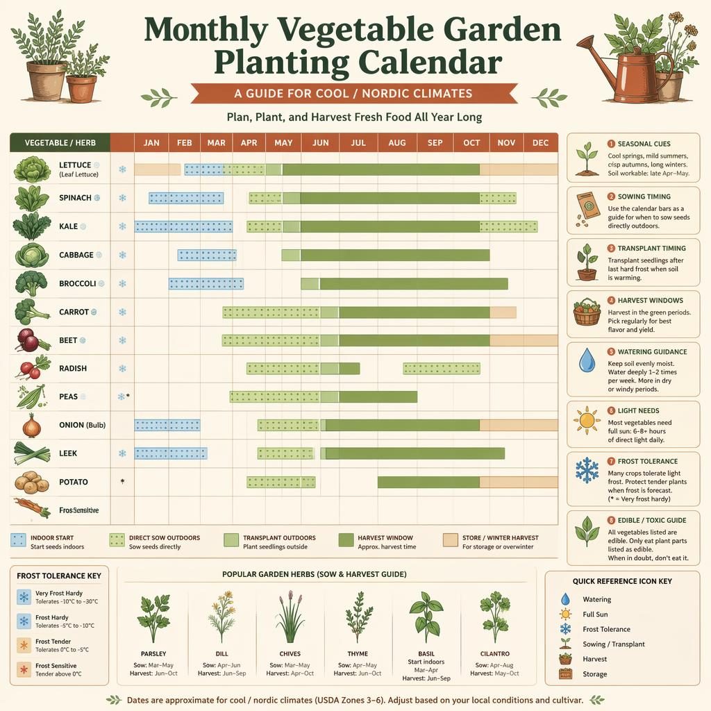 Infographie jardinage imprimable avec calendrier de janvier à décembre, légumes nordiques illustrés et pictogrammes eau, soleil, gel et récolte.