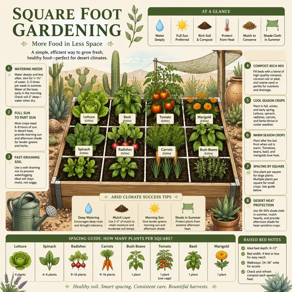 Infographie botanique d’un potager en carrés surélevé en climat désertique, avec légumes, herbes, œillets d’Inde et repères de soin.