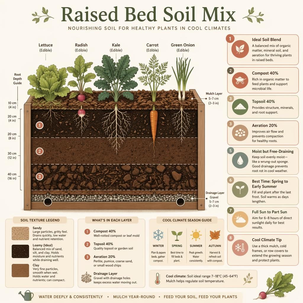 Minimal flat infographic of a raised bed soil mix cutaway with labeled layers, icons, edible plants, and Nordic season cues.