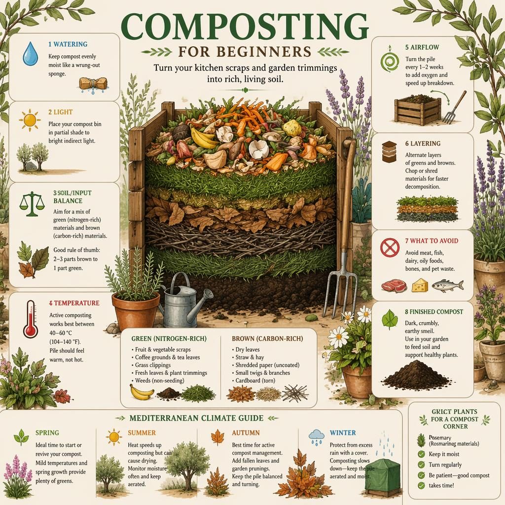Botanical infographic of a layered compost bin with labeled scraps, leaves, grass, twigs, eggshells, finished compost, and care icons.