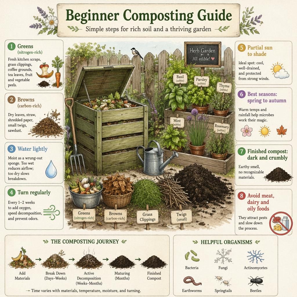 Botanical-style infographic of a backyard compost bin with scraps, leaves, herbs, labeled composting steps, and icons.