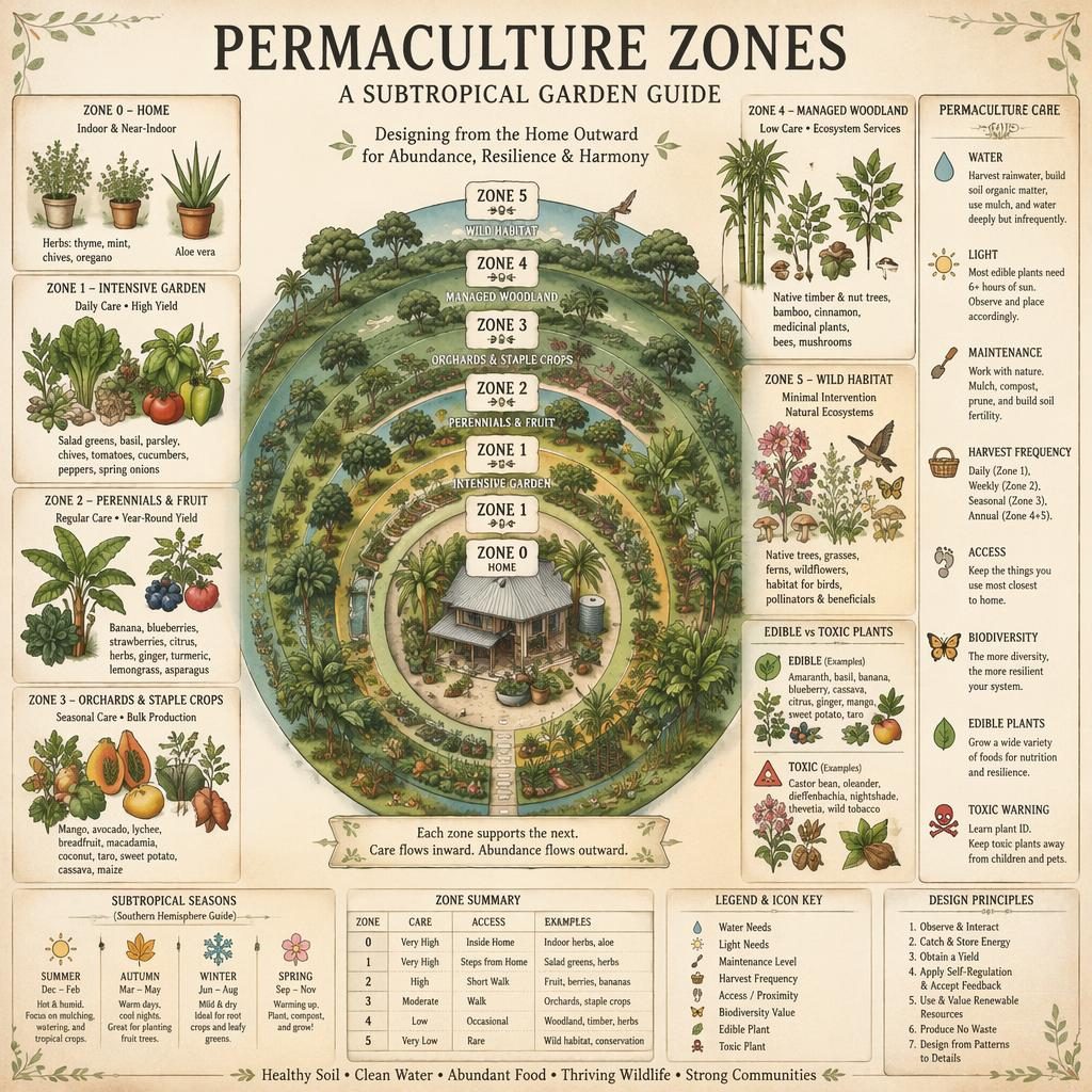 Infographie botanique vintage des zones de permaculture 0 à 5 autour d’une maison, avec plantes subtropicales et légendes.
