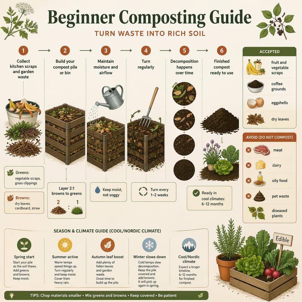 Infografía de compostaje para principiantes con línea temporal, capas, humedad, volteo y compost final en clima nórdico.