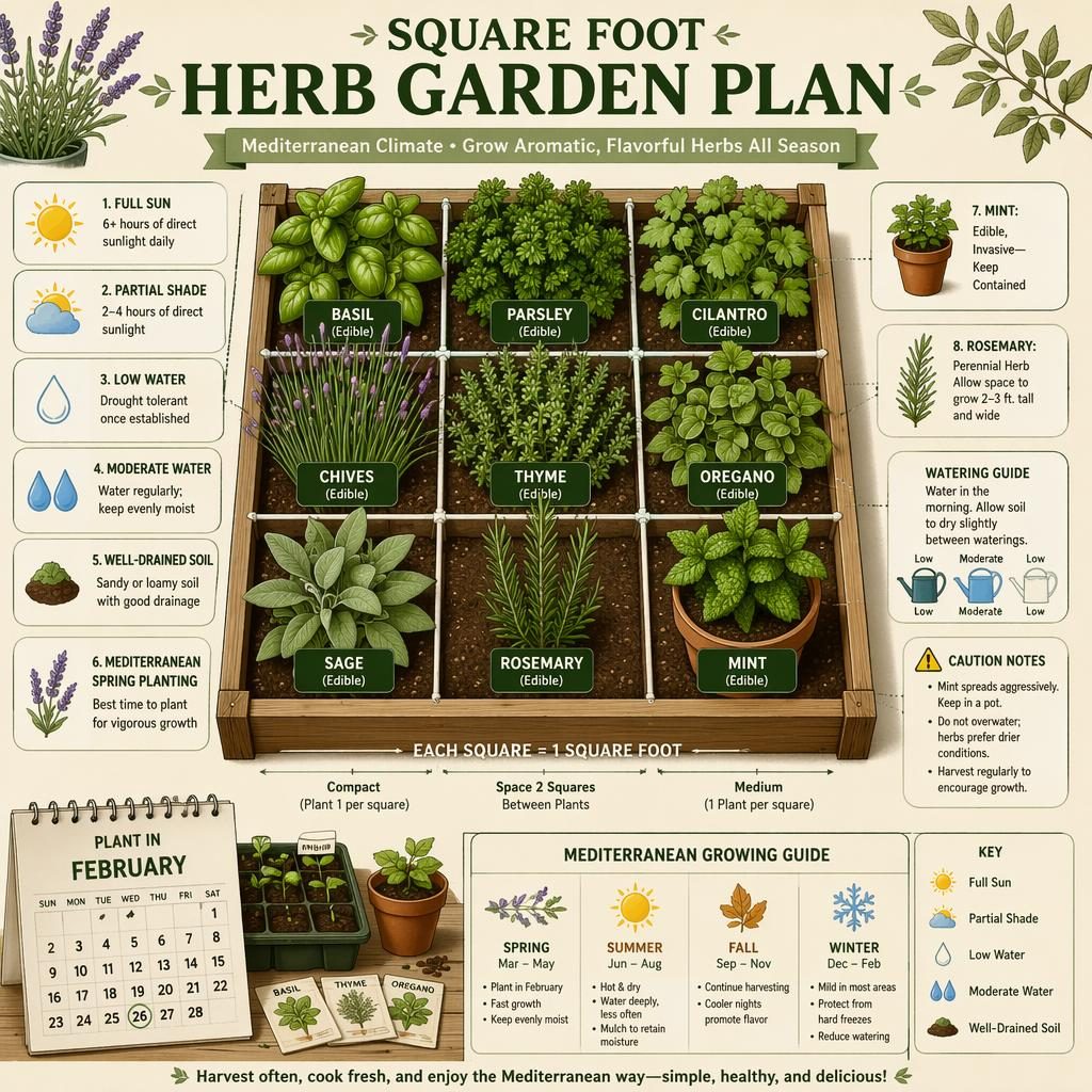 Infographie d’un carré potager d’herbes méditerranéennes en grille, avec callouts anglais, icônes soleil, eau et espacement.