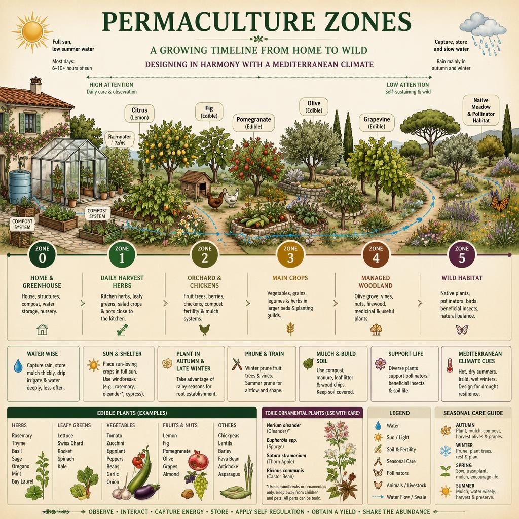 Botanical infographic showing permaculture zones 0 to 5 as a left-to-right Mediterranean garden timeline with herbs, orchard, crops, icons.