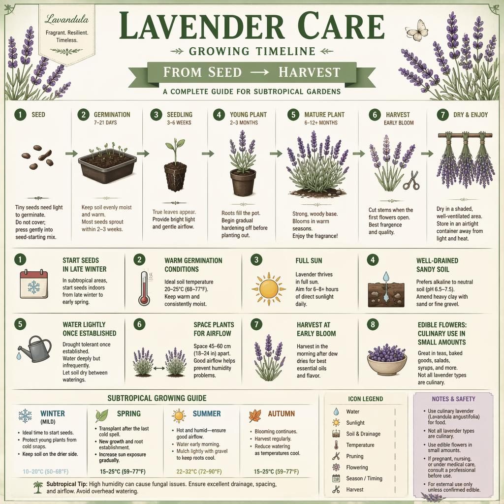 Infografía botánica vintage de lavanda con línea de tiempo desde semilla hasta cosecha y secado, iconos de sol, agua y suelo.