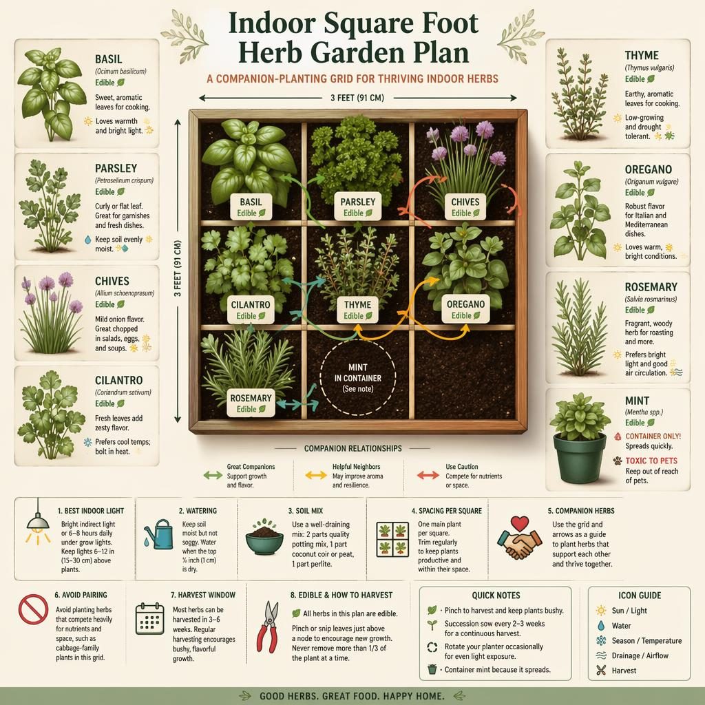Top-down 3x3 indoor herb garden grid infographic with basil, parsley, chives, cilantro, thyme, oregano, rosemary and mint pot