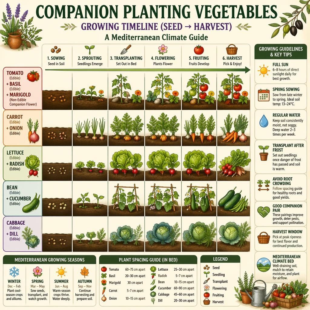 Botanical gardening infographic with seed-to-harvest timeline for companion planting vegetables in a Mediterranean climate.