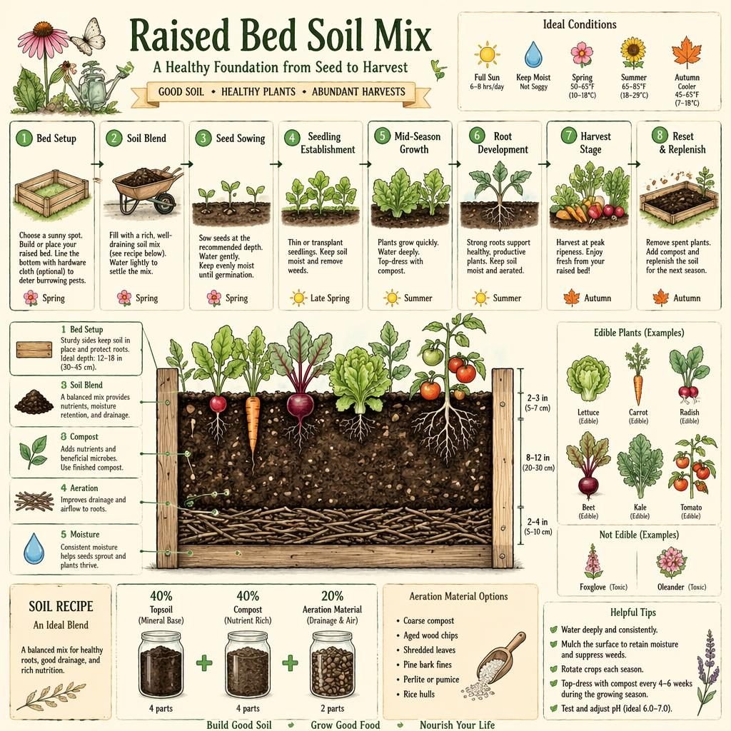 Sketchnote pastel gardening infographic showing raised bed soil mix timeline from setup to harvest with soil layers and labels.