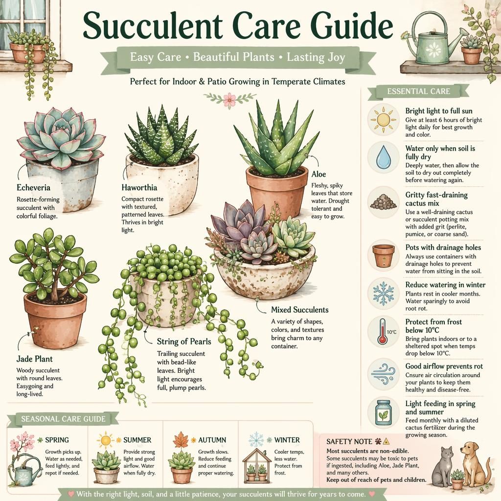 Pastel succulent care infographic with labeled callouts for light, watering, soil, drainage, feeding, winter care, and pet safety.