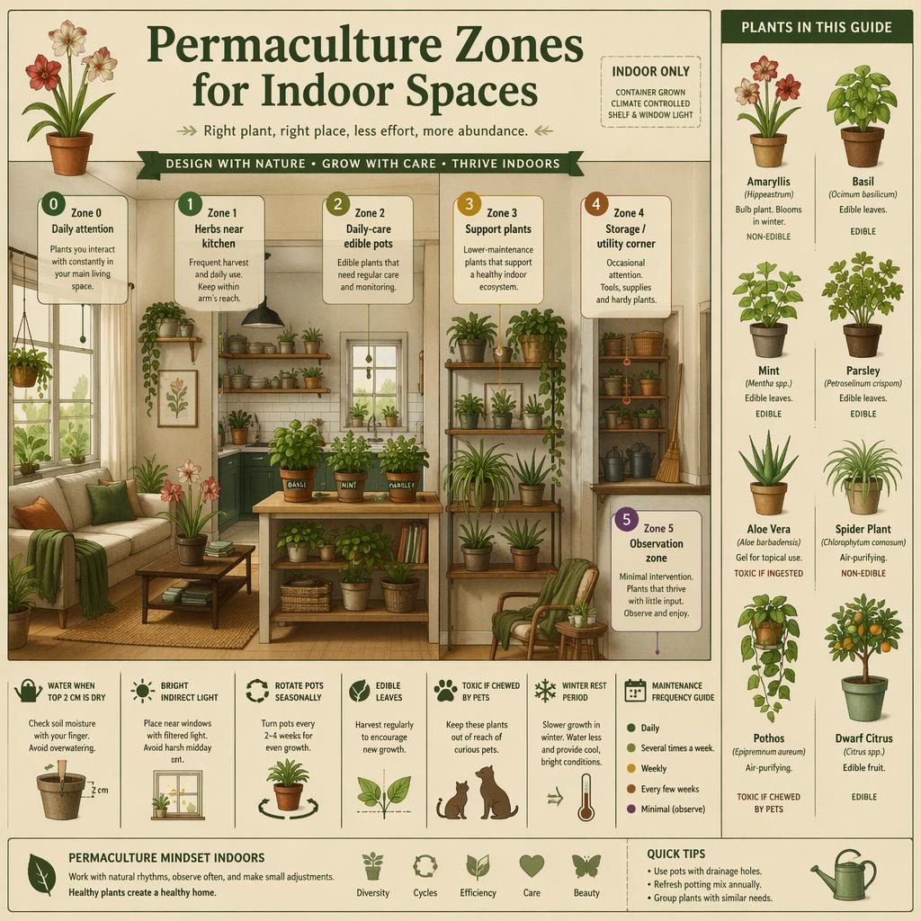 Indoor plant care infographic showing permaculture Zones 0-5 with amaryllis, herbs, aloe, pothos, spider plant, and citrus.