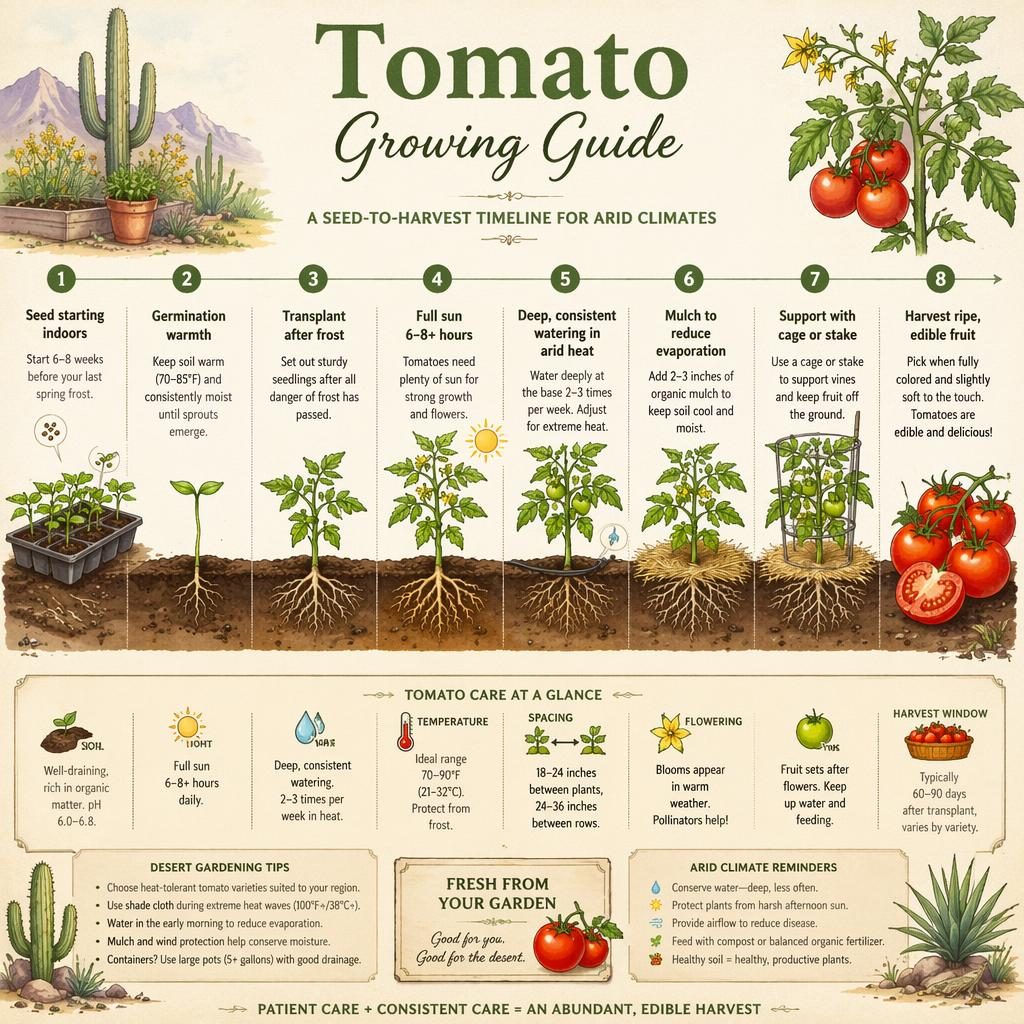 Botanical tomato growing timeline infographic with seedlings, flowers, green and red fruit, roots, mulch, stakes, and desert care labels.