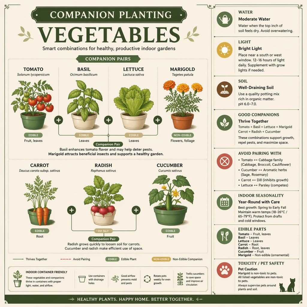 Modern gardening infographic card showing indoor companion vegetables with labeled care icons, grouped pairings, and vintage seed-packet colors.