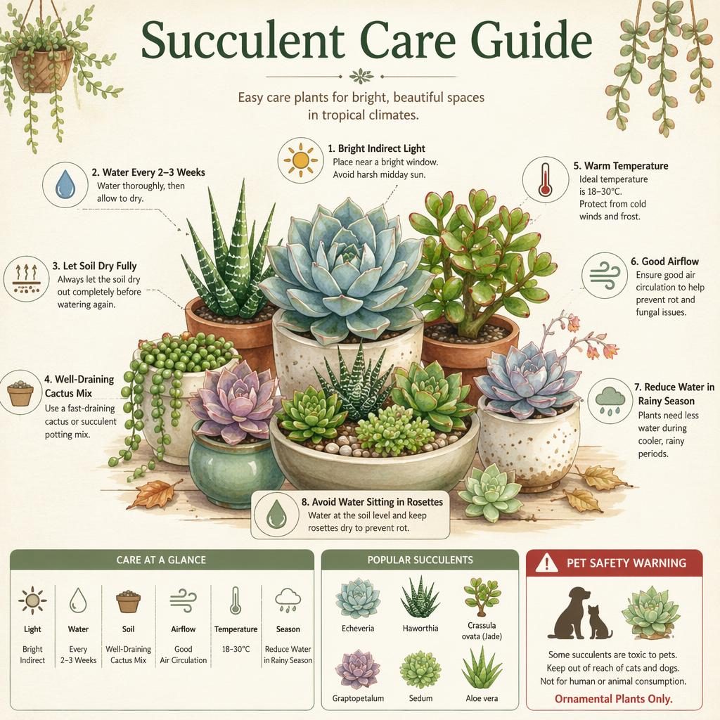 Watercolor succulent care infographic card with potted plants, care icons, and labeled tips in English on light, water, soil, and temperature.