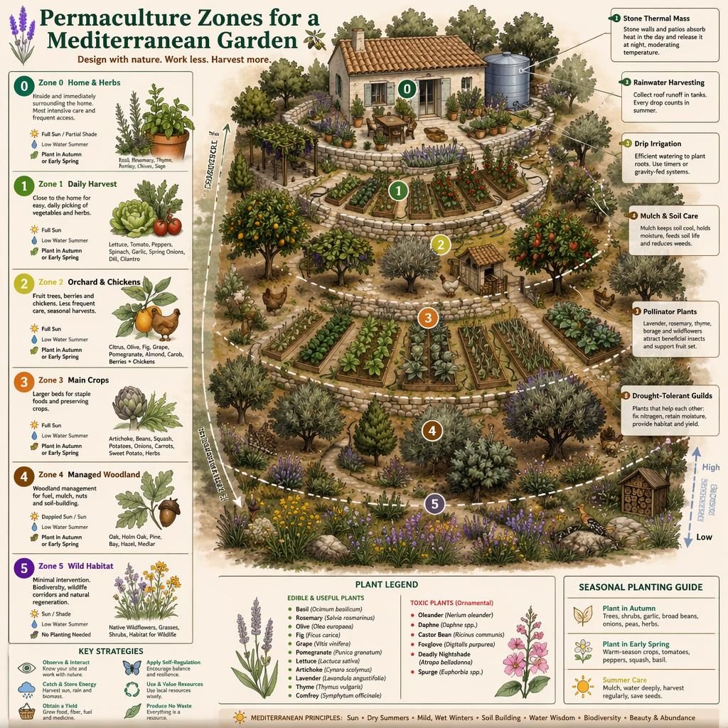 Mediterranean garden infographic map showing permaculture Zones 0-5, herbs, orchard, crops, woodland, wild habitat, and care callouts.