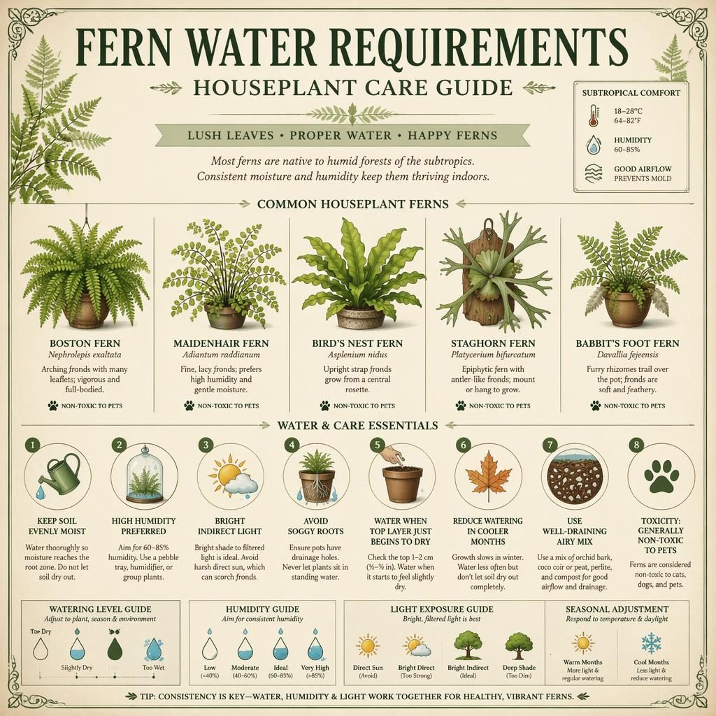 Vintage seed packet style infographic showing fern water requirements and care tips for 5 houseplant ferns.