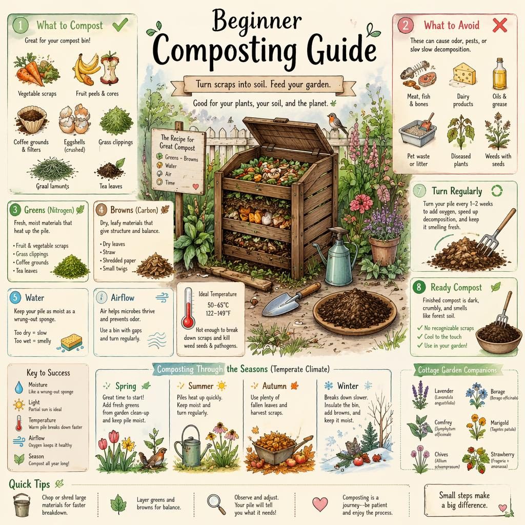 Pastel sketchnote infographic of a cottage-garden compost setup with labeled compost basics, tools, scraps, seasons, and icons.
