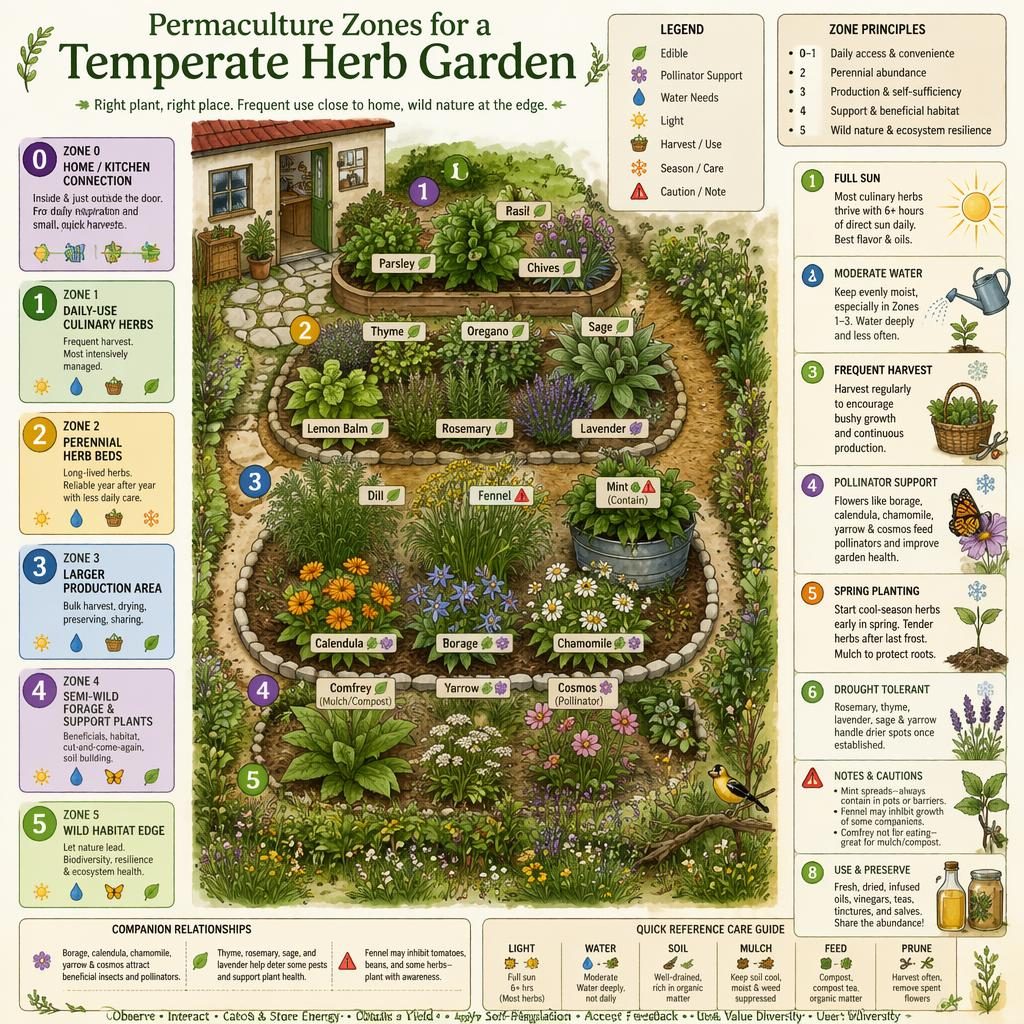 Botanical infographic map of permaculture zones 0-5 for a temperate herb garden with herbs, cosmos, callouts, and legend.