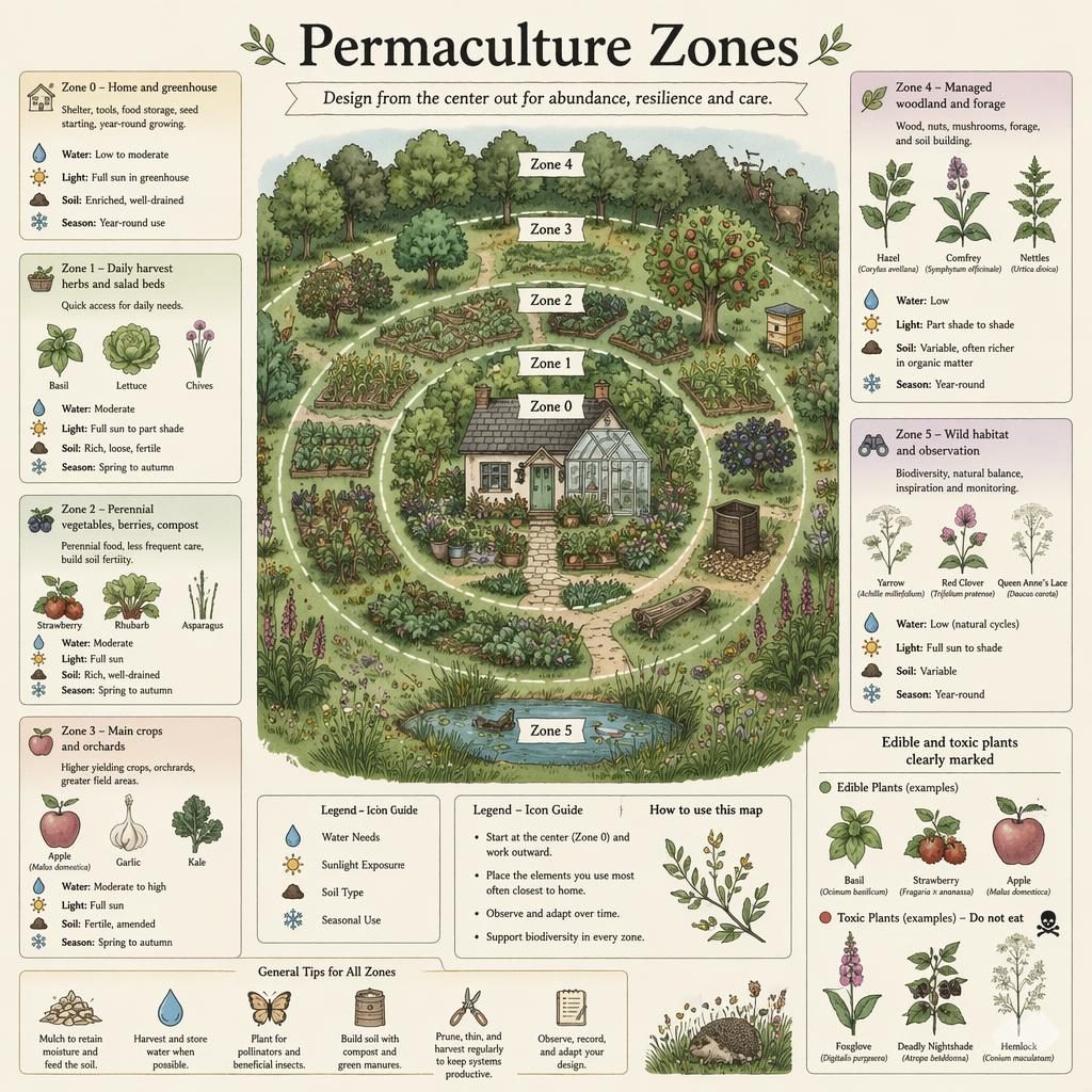 Pastel permaculture zones infographic with cottage, labeled Zone 0-5 rings, plant sketches, icons, and callouts.