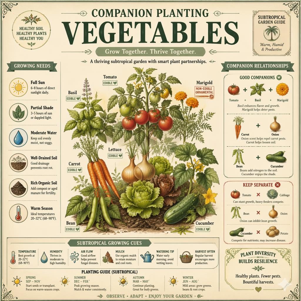 Vintage seed packet style infographic showing tomato, basil, marigold, carrot, onion, lettuce, bean, and cucumber.