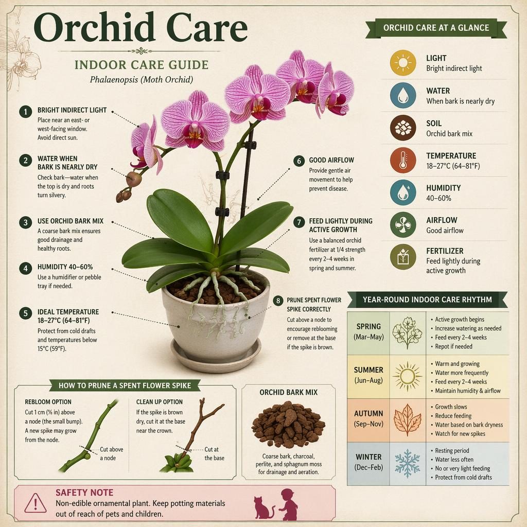 Infographie de soin des orchidées avec Phalaenopsis en pot, panneaux illustrés, icônes d’entretien et palette vintage.