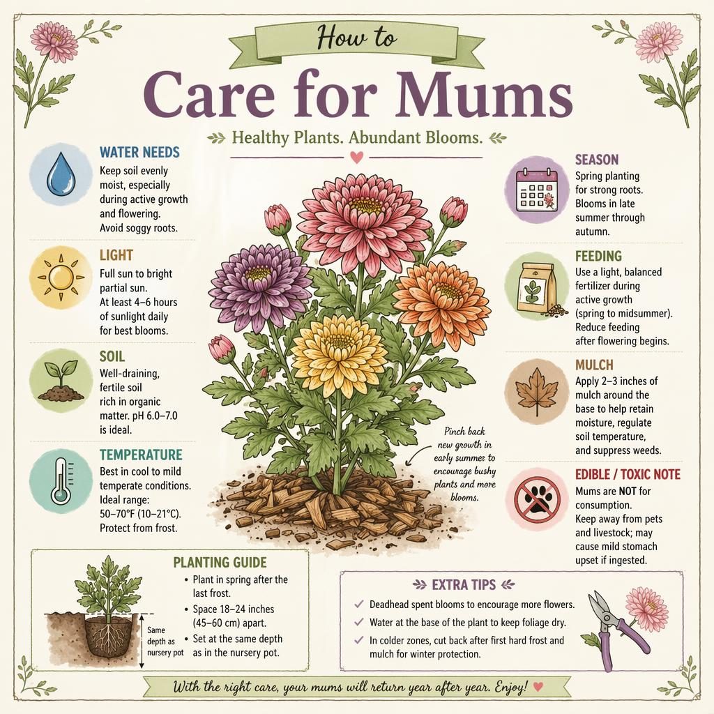 Pastel sketchnote infographic showing chrysanthemum care with water, light, soil, temperature, mulch, feeding icons.