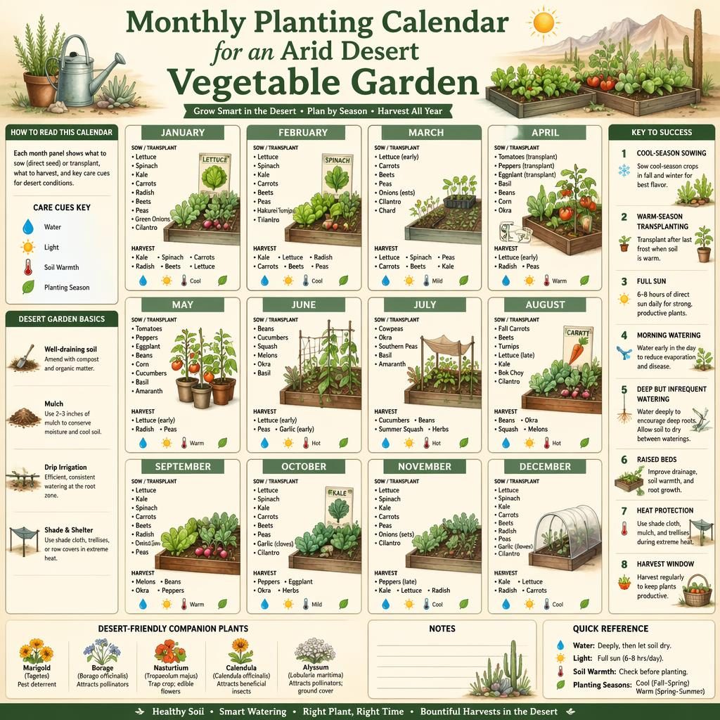 Infographic calendar for an arid desert vegetable garden with monthly crop sections, garden beds, seedlings, icons, and care callouts.