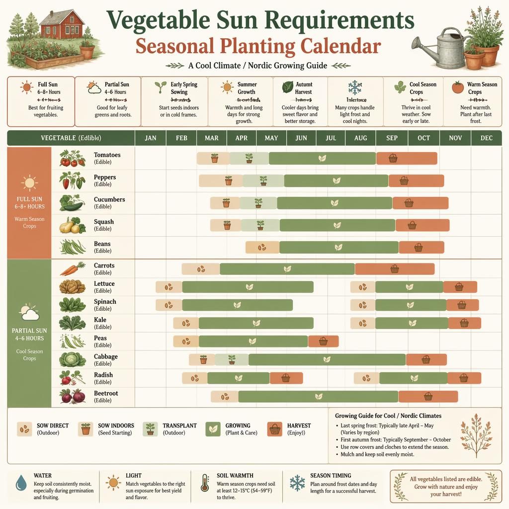 Flat gardening infographic with a cool-season vegetable planting calendar, sun requirement groups, months, icons, and botanical vegetables.