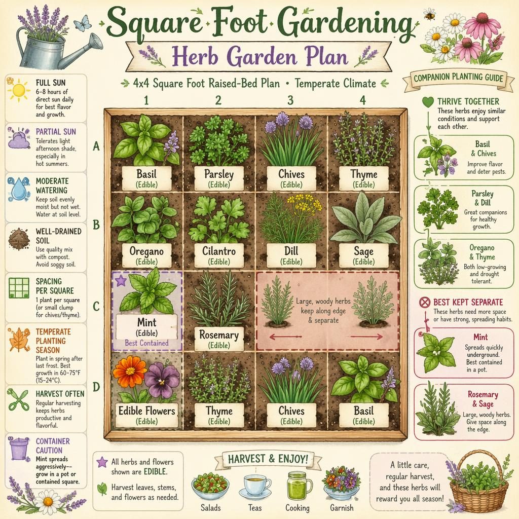Sketchnote infographic of a 4x4 square foot herb garden plan with labeled basil, parsley, chives, thyme, mint, rosemary and care icons.