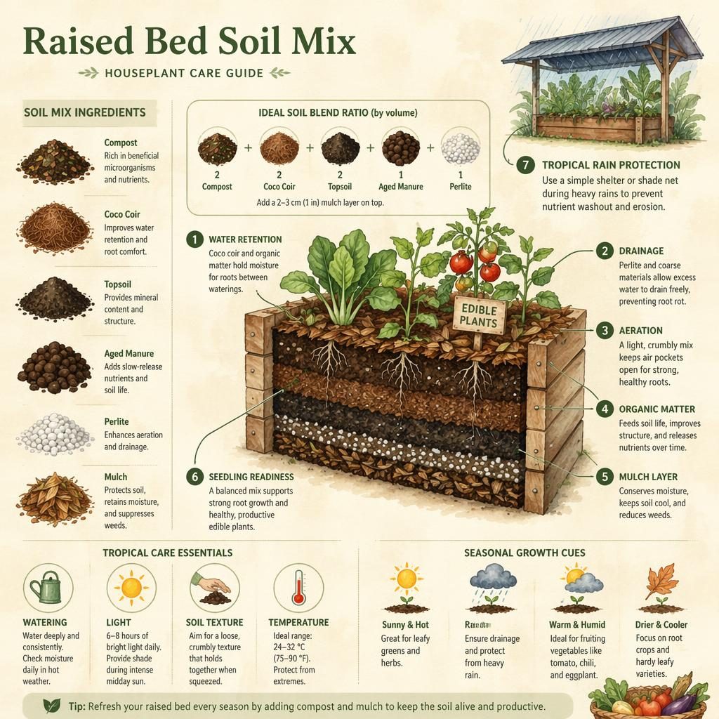 Watercolor gardening infographic showing a cutaway raised bed soil mix with labeled layers, tropical care icons, and seedling notes.
