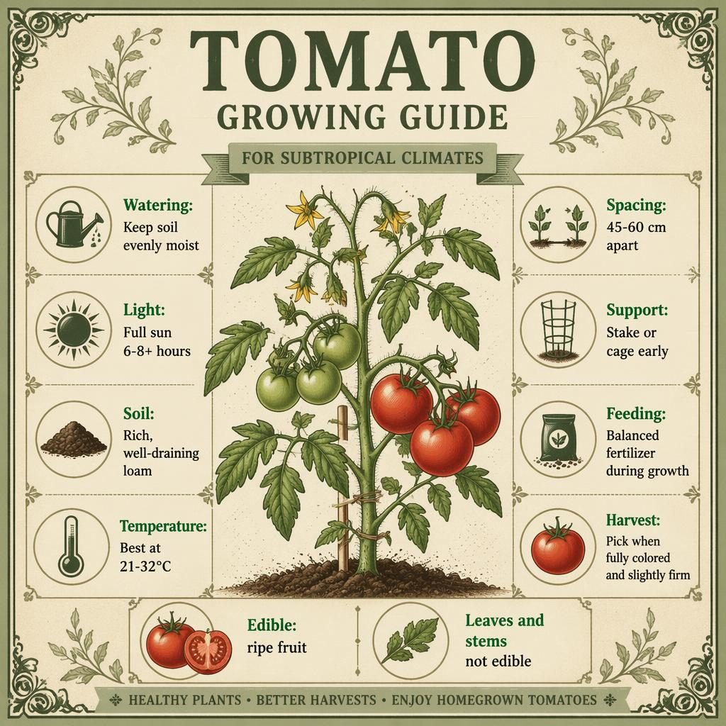 Vintage seed packet style tomato growing guide infographic with botanical tomato plant, care icons, and labeled tips.