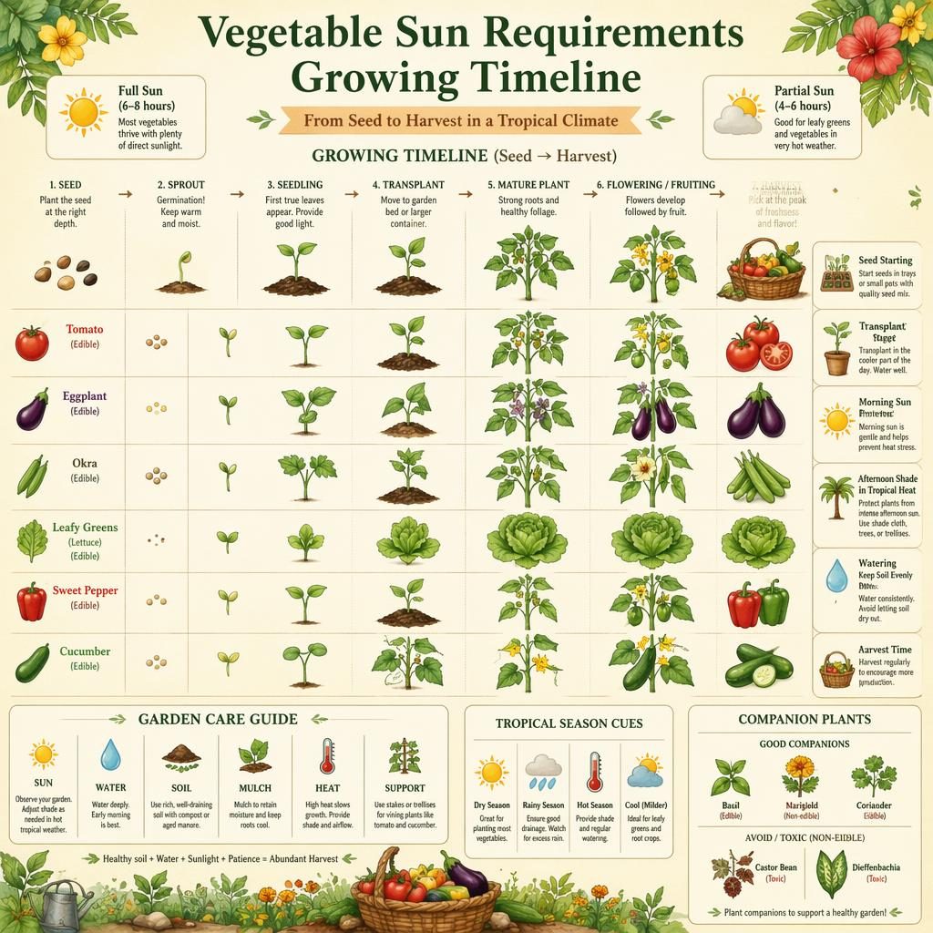 Gardening infographic showing a left-to-right vegetable growing timeline with sun needs, care icons, and watercolor botanical art.