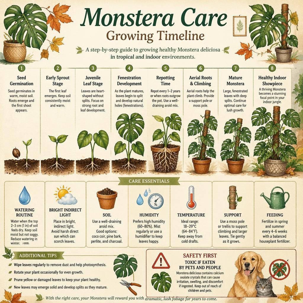 Watercolor Monstera care timeline infographic showing seed to mature split leaves, care icons, labels, and toxicity note.
