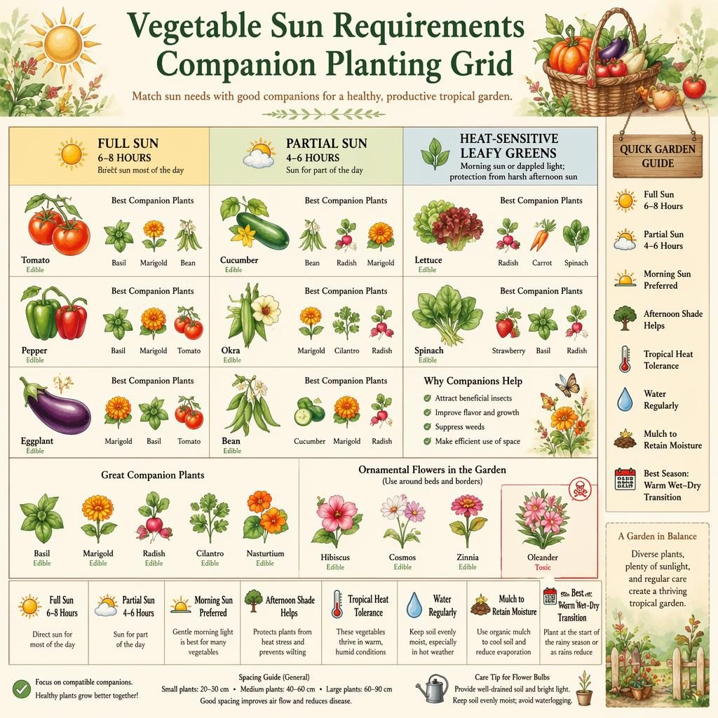 Watercolor gardening infographic grid of tropical vegetables by sun needs with companion plants, icons, and care callouts.