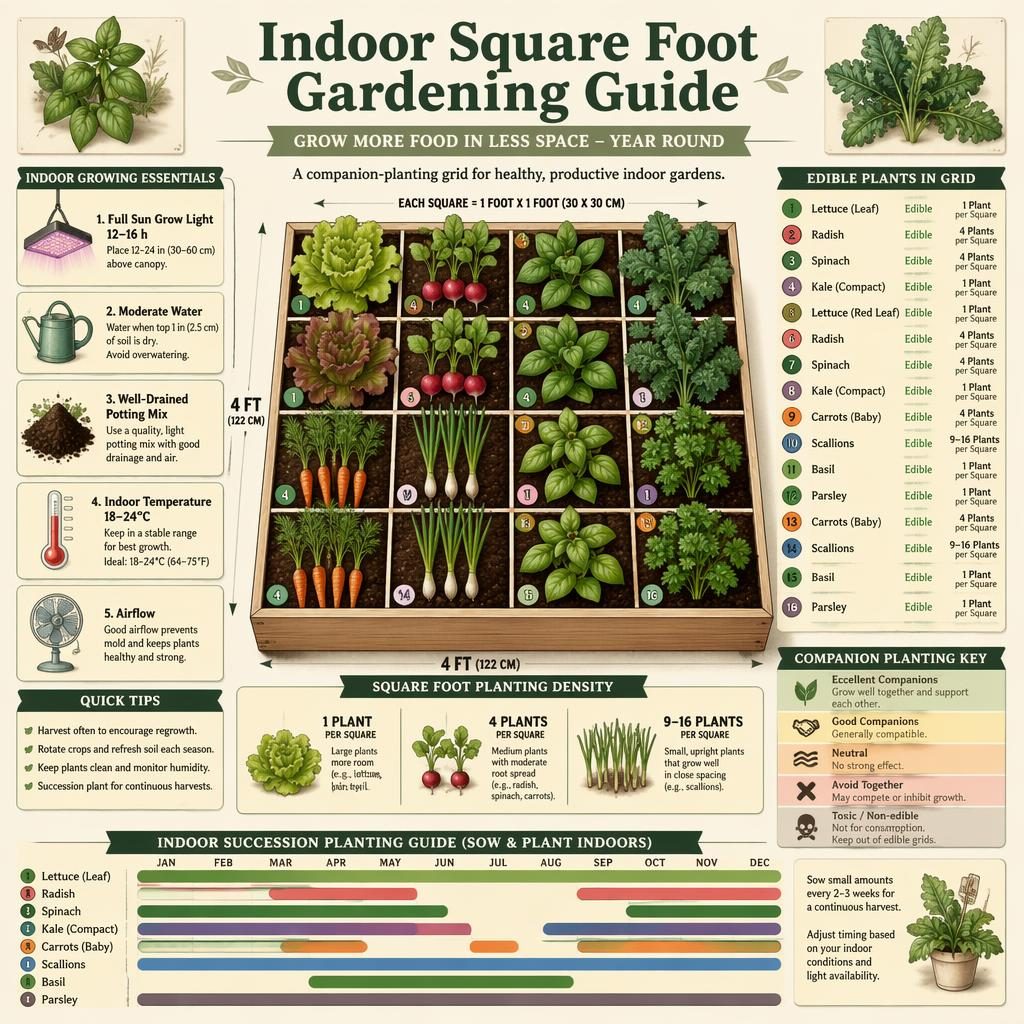 Infographie de jardinage intérieur avec bac surélevé quadrillé, légumes, herbes, légende et icônes lumière, eau, sol.