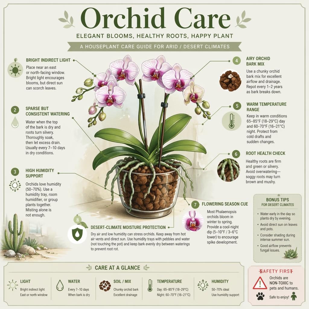 Botanical orchid care infographic with labeled callouts, care icons, green background, and desert-climate houseplant tips.