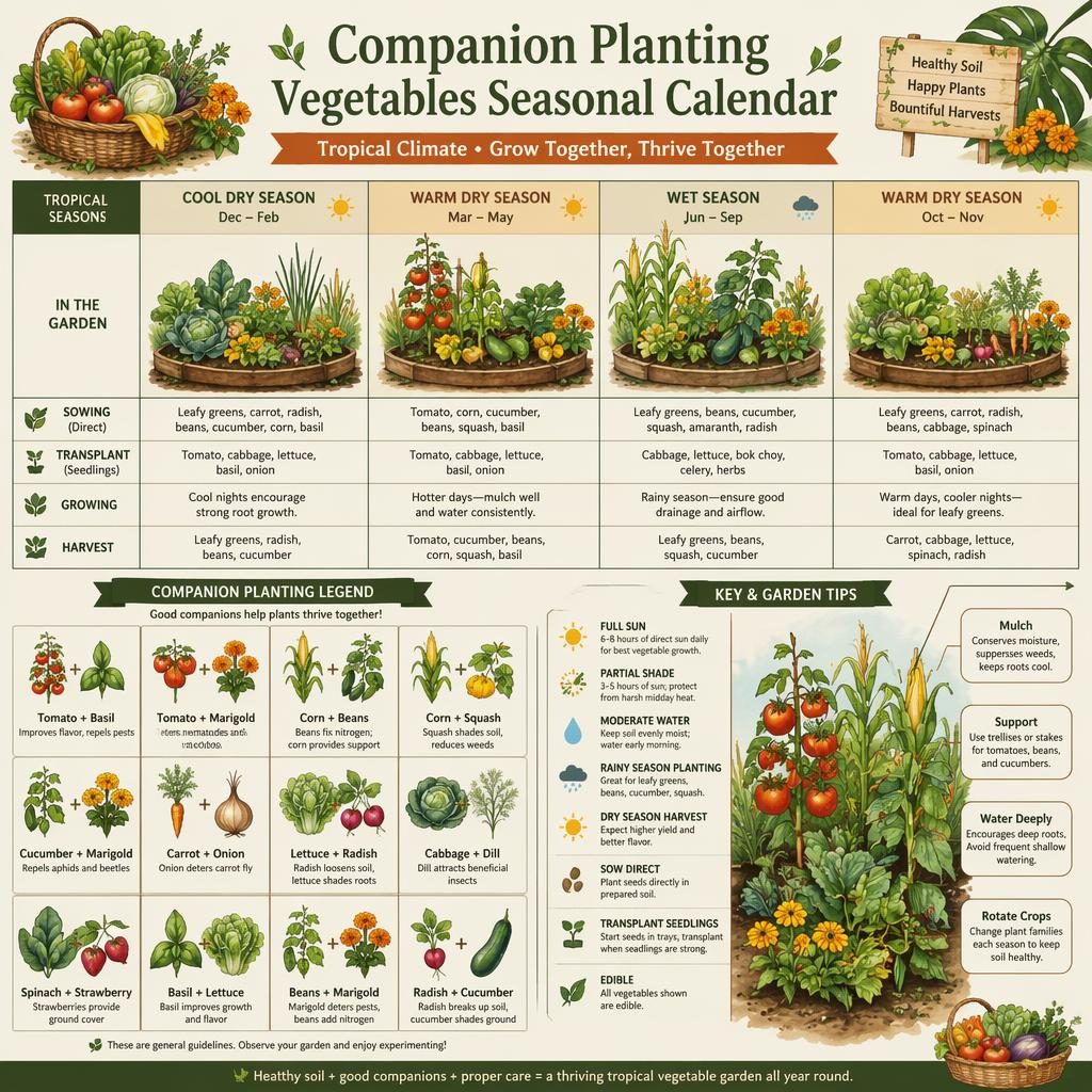 Watercolor tropical companion planting vegetable calendar infographic with illustrated beds, pairings, and care callouts.