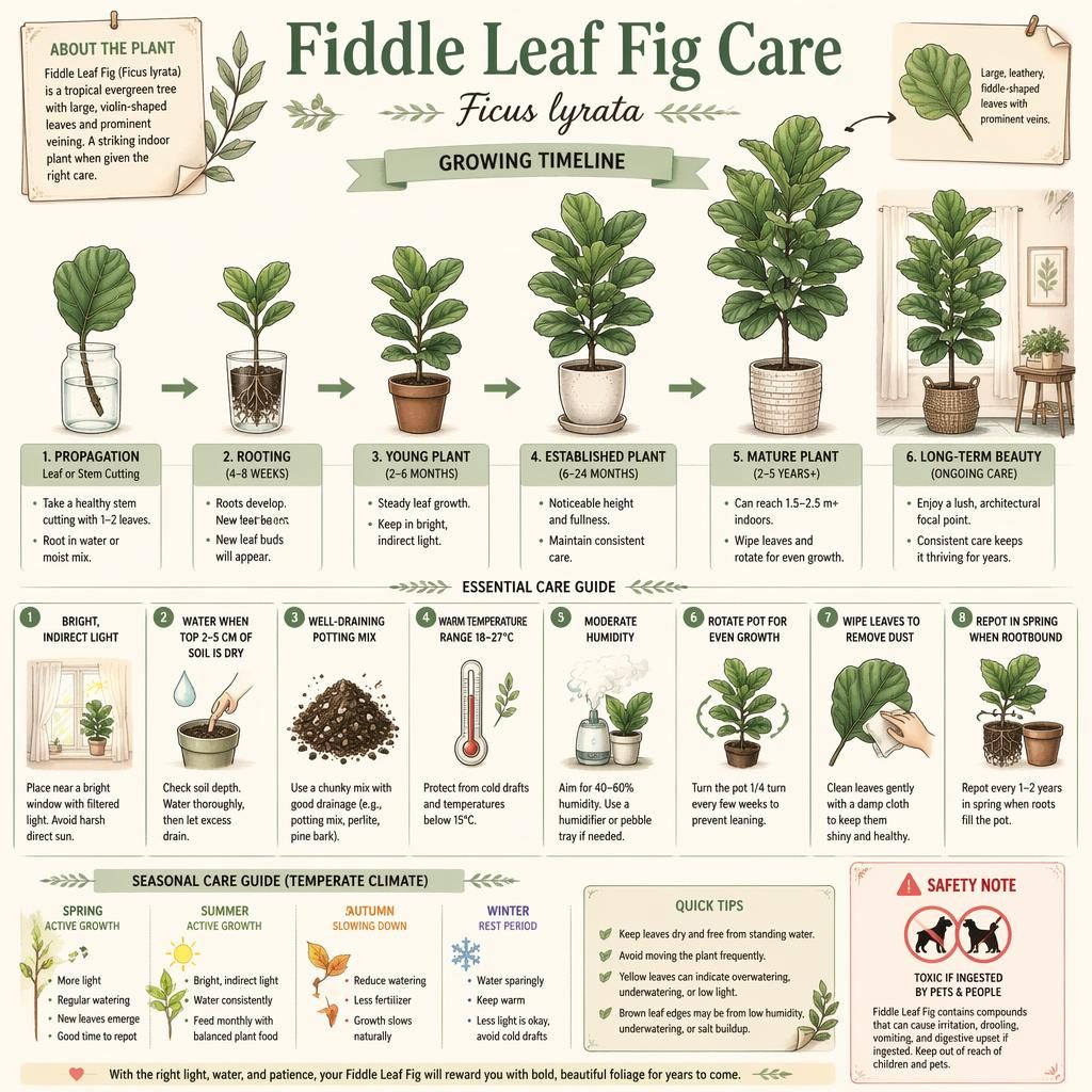 Pastel sketchnote infographic showing a fiddle leaf fig care timeline with icons, seasonal tips, callouts, and toxicity note.