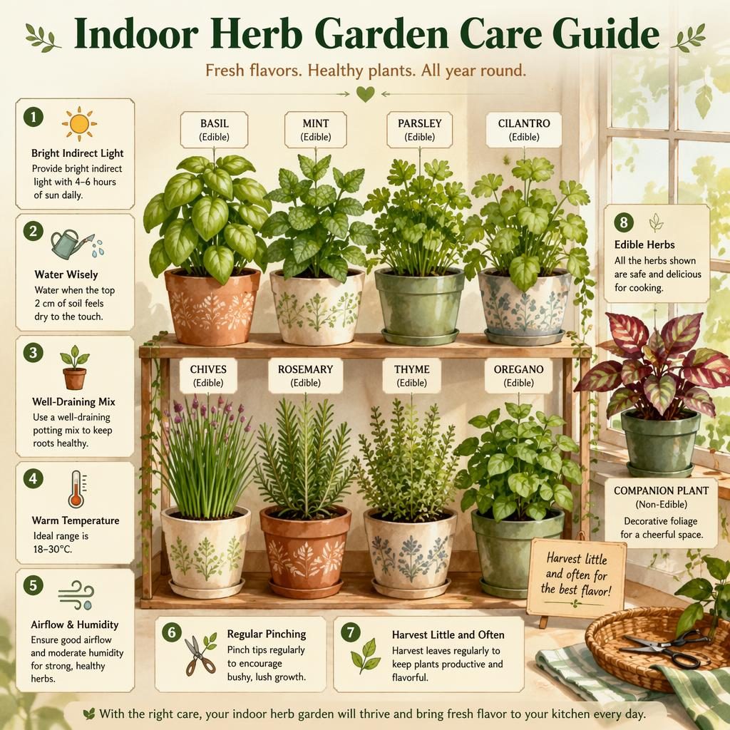 Watercolor indoor herb garden infographic with basil, mint, parsley, cilantro, chives, rosemary, thyme, and oregano.