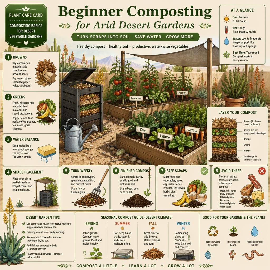 Gardening infographic of a desert vegetable garden with raised beds, compost bin, herbs, mulch, and labeled composting callouts.