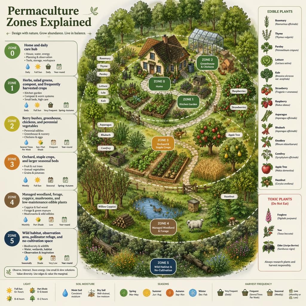 Radial temperate permaculture infographic with Zone 0-5, house, garden, orchard, pasture, pond, woodland, and plant labels