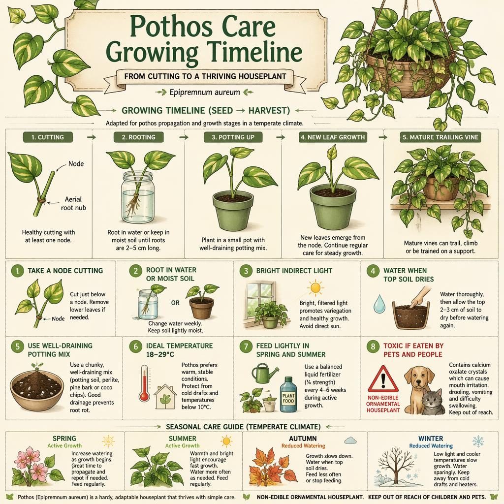 Pastel pothos care infographic showing propagation timeline from node cutting to mature trailing vine with labeled callouts.