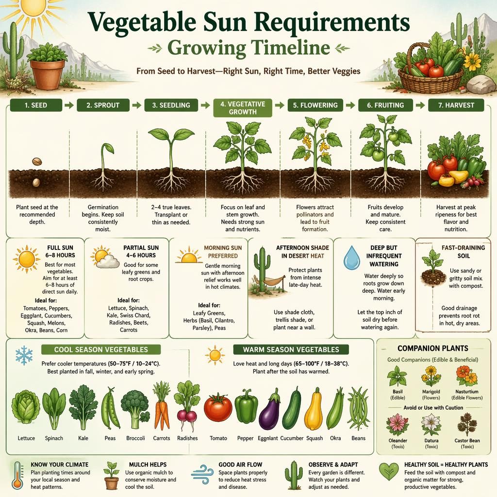 Botanical gardening infographic showing vegetable growth stages, sun requirements, watering, soil, and desert heat care.