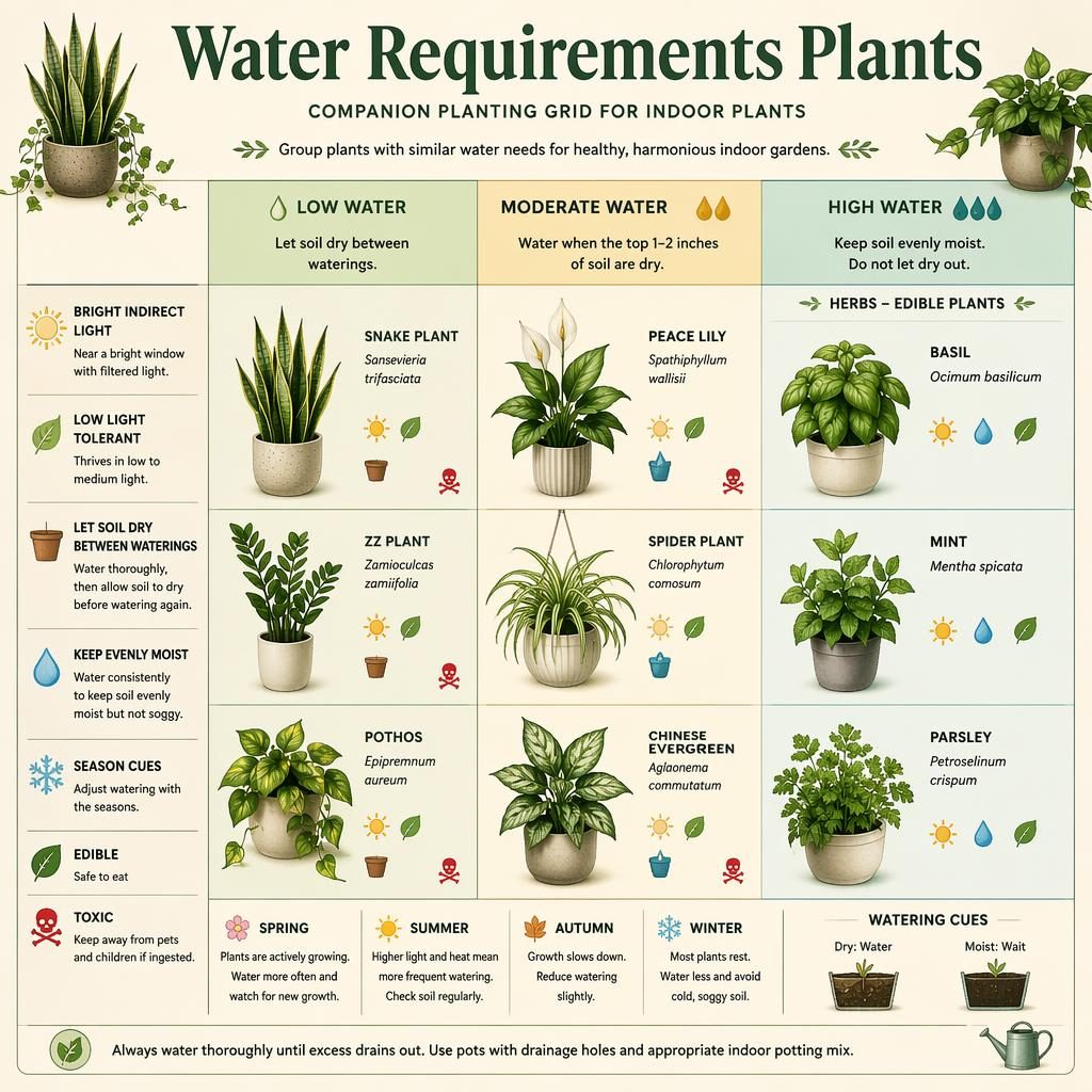 Indoor plant care infographic grid with snake plant, ZZ plant, pothos, peace lily, spider plant, basil, mint, and parsley.