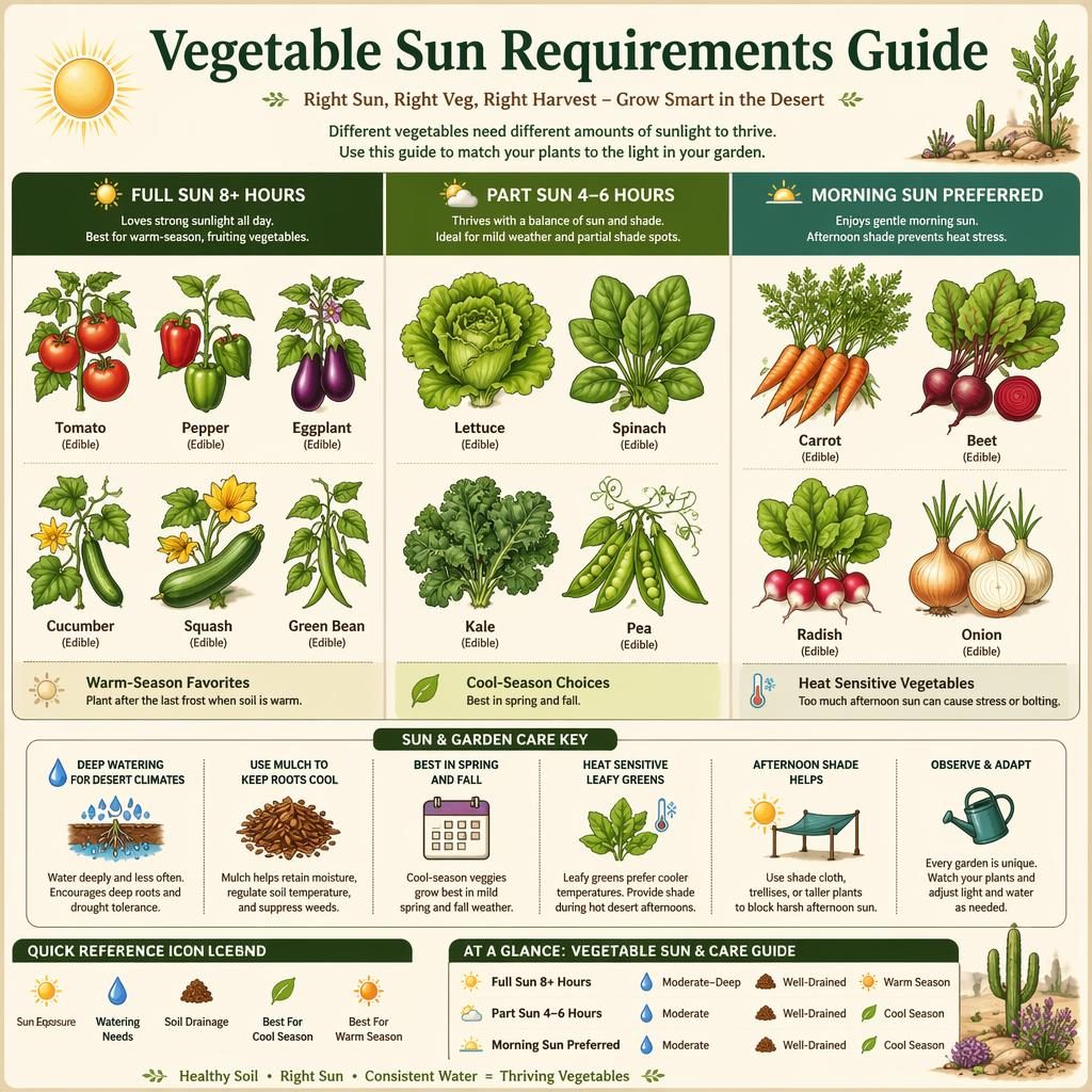 Pinterest-style vegetable sun requirements infographic with illustrated edible vegetables, sun groups, and desert climate care icons.