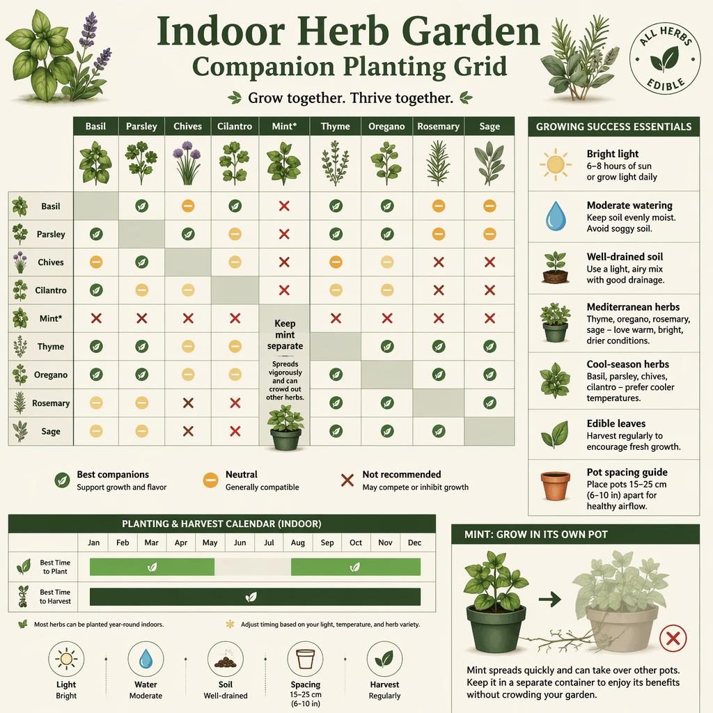 Infographie de jardinage montrant une grille de compagnonnage d’herbes d’intérieur avec basilic, persil, ciboulette, coriandre, menthe et romarin.